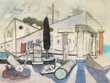 a painting on the wall of a house with a lot of furniture