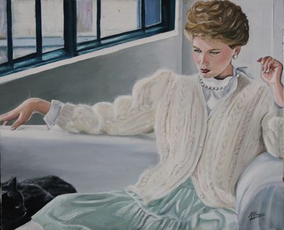 un tableau représentant une femme assise sur un canapé à côté d'un chat