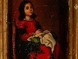 painting of a young girl in a red dress sitting in a chair