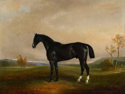 une peinture à l'huile représentant un cheval noir debout dans un champ
