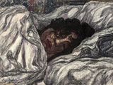 tableau représentant un homme allongé dans son lit, recouvert d'un drap blanc