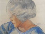 painting of a woman in a blue dress with a white hat