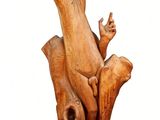 a wooden sculpture of a bird sitting on a tree stump