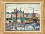 tableau représentant une scène portuaire avec des voiliers et des bâtiments en arrière-plan