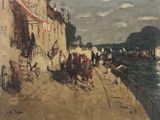 painting of a group of people walking down a street next to a body of water