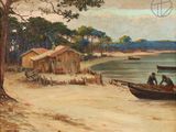 tableau représentant deux hommes dans un bateau sur une plage au bord d'un plan d'eau