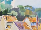 a watercolor painting of a village on a sunny day