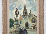 an oil painting of a church with two people standing in front of it