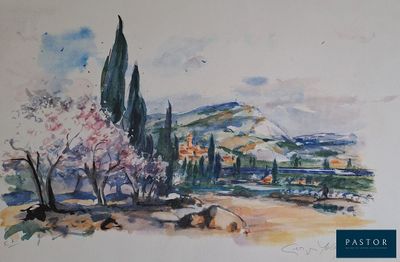 a watercolor painting of a landscape with trees and mountains