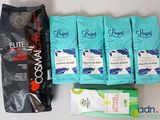 five bags of coffee, a bag of chocolate, and a bag of coffee