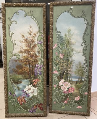 deux tableaux encadrés représentant des fleurs et des arbres, posés sur un sol carrelé