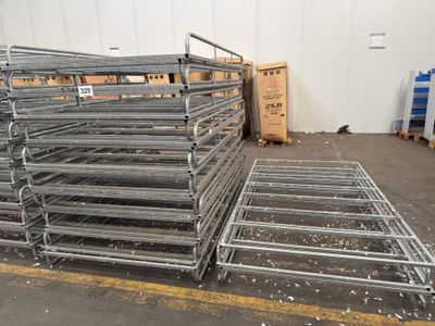 a large pile of metal shelves in a warehouse