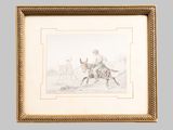 a drawing of a man riding a horse with a woman on the back