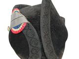 a black hat with a red, white, and blue design on it