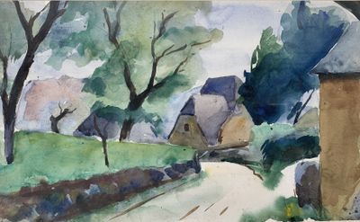 a watercolor painting of a country road with houses in the background