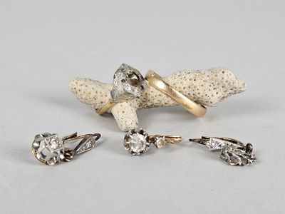 deux bagues en or et diamants et une paire de boucles d'oreilles montées sur un morceau de corail