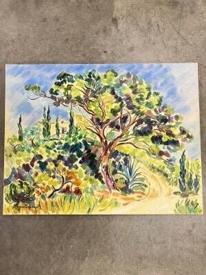 une aquarelle représentant un arbre au milieu d'un champ