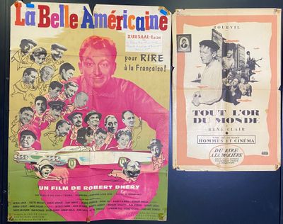 two posters on the wall of a building with a man holding a baseball bat
