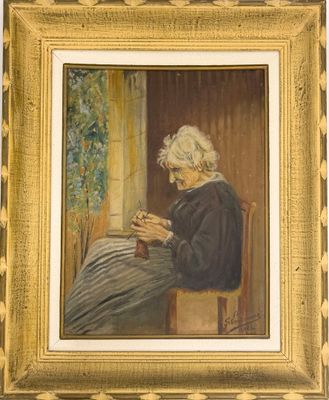 tableau représentant une vieille femme assise sur le rebord d'une fenêtre