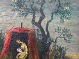an oil painting of a woman in a tent next to a tree