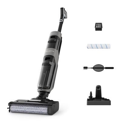 On voit ici une photo d'un aspirateur sans fil avec tous ses accessoires.