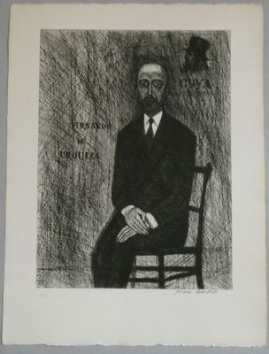 dessin représentant un homme en costume assis sur une chaise, avec un oiseau sur l'épaule
