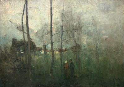 an image of a painting of two people walking in a field