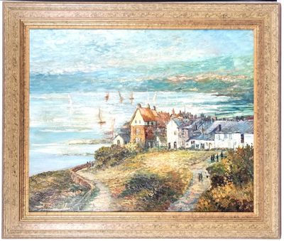 an image of a painting of a house on a hill overlooking the ocean