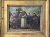 an old painting of a man holding a cross in front of a group of people