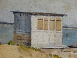 a watercolor painting of a house on the beach