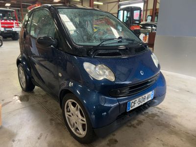 une petite Smart bleue garée dans un garage