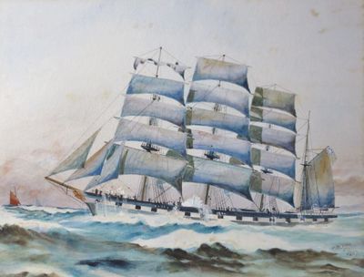 a painting of a tall ship sailing in the ocean