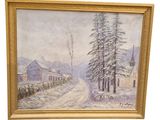 a painting of a snowy road with a house and trees in the background