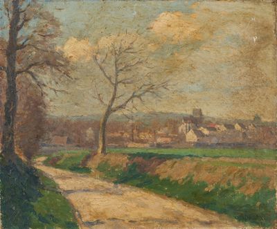 an image of a painting of a country road with a church in the distance