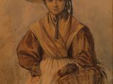tableau représentant une femme coiffée d'un chapeau de paille et tenant un panier à la main