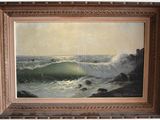 an oil painting of a wave breaking on a rocky shore