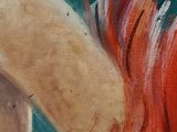a painting of a woman with red hair holding a cell phone