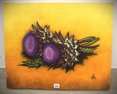 a painting of three purple flowers on a yellow background