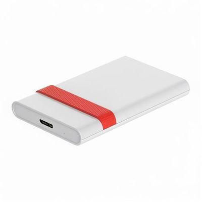 une image représentant une batterie externe blanche ornée d'un ruban rouge