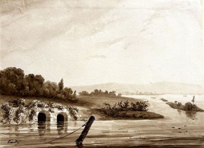 dessin représentant un bateau sur une rivière, avec un pont en arrière-plan