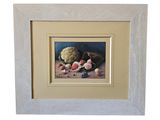 painting of a still life of fruit and vegetables in a white frame
