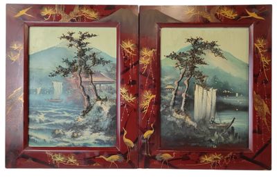 pair of asian style paintings of a landscape with birds and water