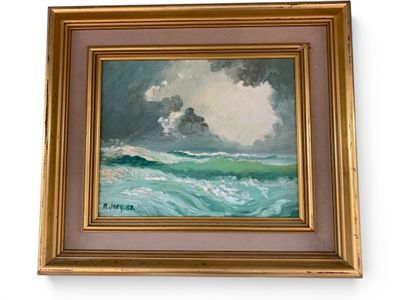 an oil painting of a painting of a wave in a gold frame