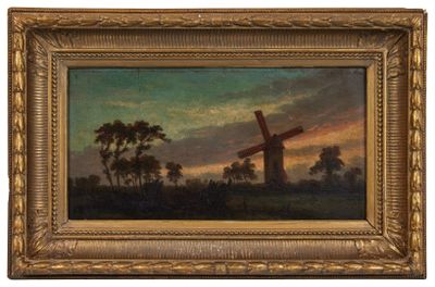 un tableau représentant une croix dans un champ, avec des arbres en arrière-plan