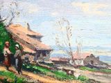 a painting of a man and a woman walking down a path