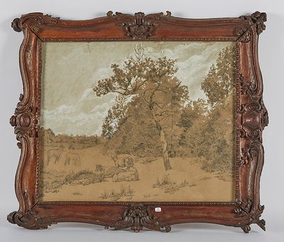 an old picture of a painting of a landscape with a tree in the foreground