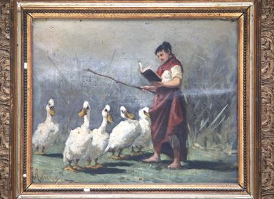 un tableau représentant une femme en train de lire un livre, avec des canards en arrière-plan