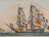 une image représentant un tableau d'un grand voilier orné de drapeaux