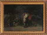 an image of a painting of a man holding a horse in front of a group of people