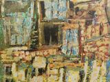 une peinture à l'huile représentant un immeuble d'où pendent des vêtements